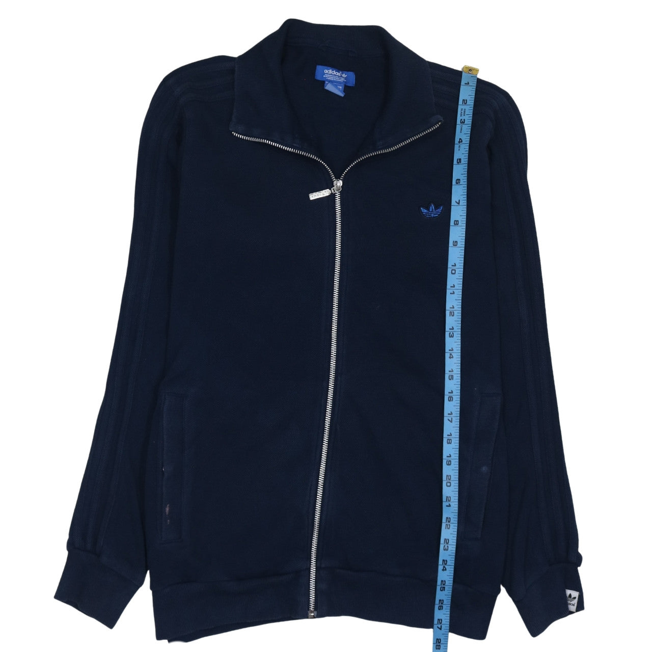 Adidas Navy Blue Track Jacket Men's Medium Full Zip Three Stripe Sleeves Embroidered Logo