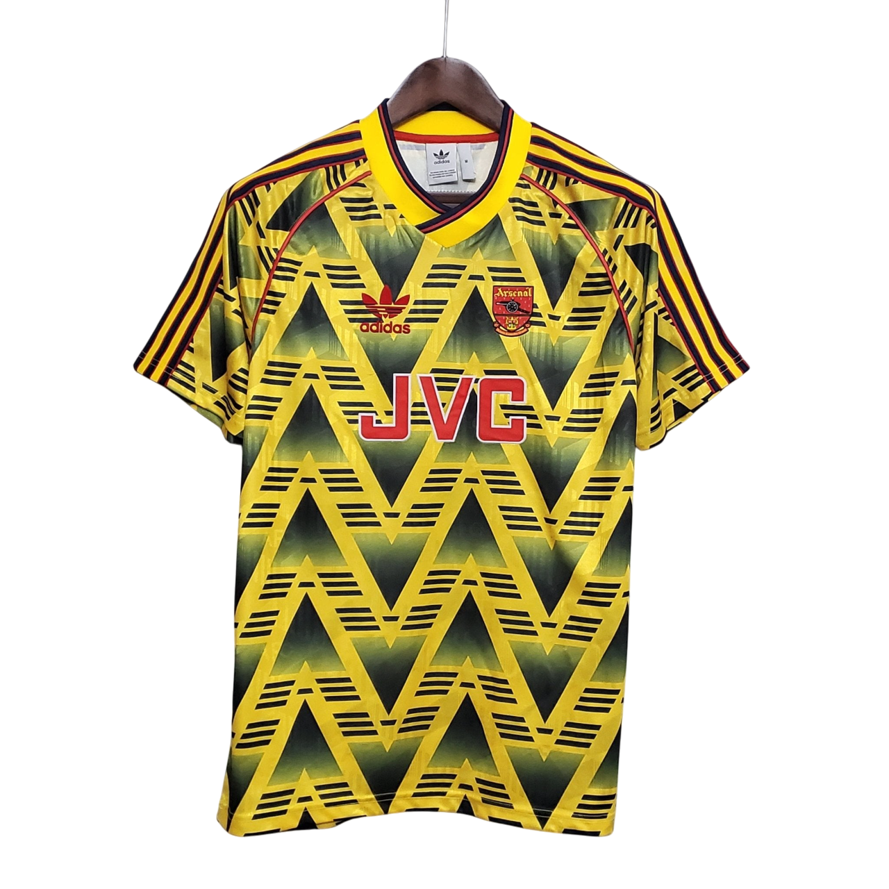 Arsenal Away Retro Jersey 1991-1993 – Iconic yellow and blue &quot;bruised banana&quot; design, featuring the classic Arsenal crest and vintage JVC sponsor logo. Perfect for collectors and loyal fans