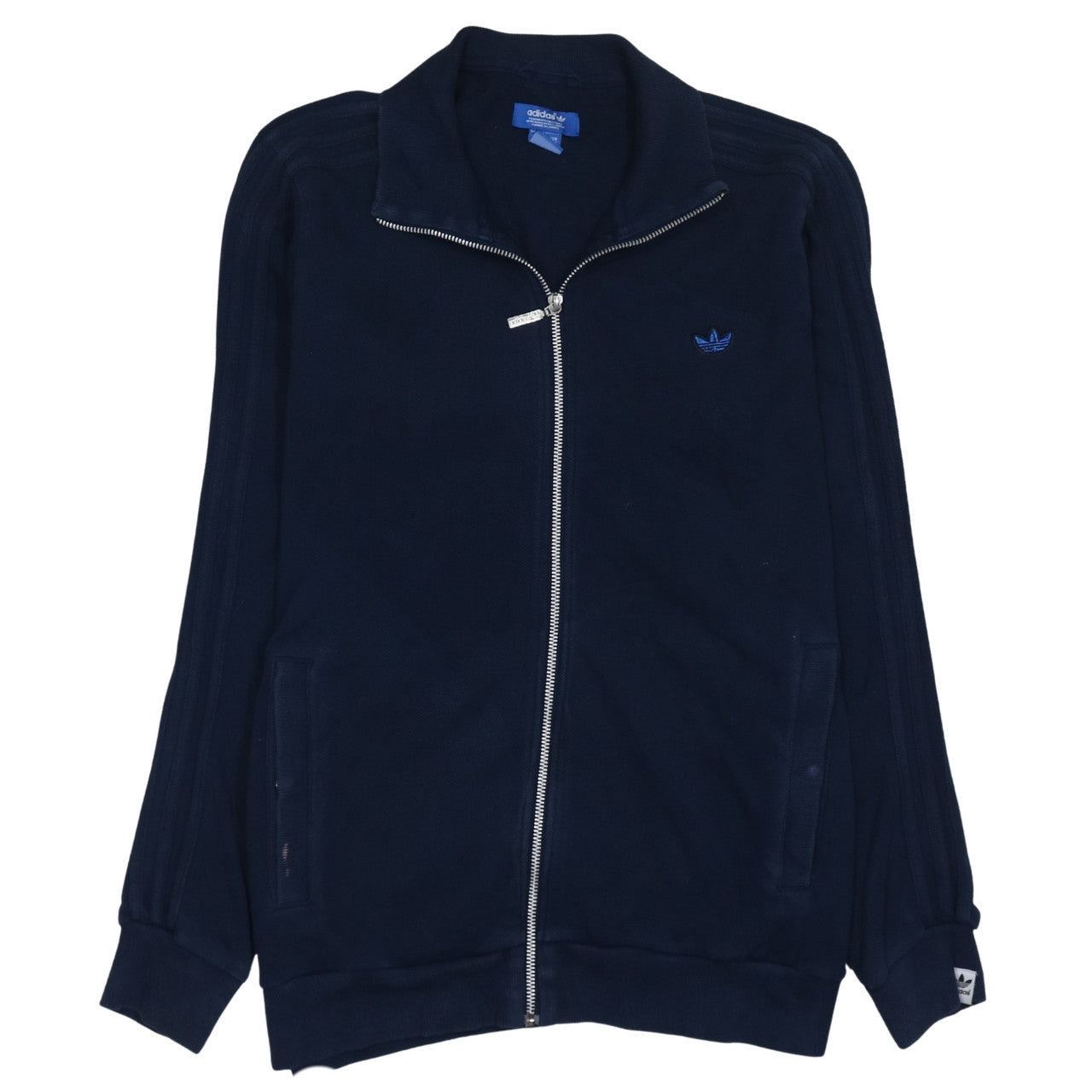 Adidas Navy Blue Track Jacket Men's Medium Full Zip Three Stripe Sleeves Embroidered Logo