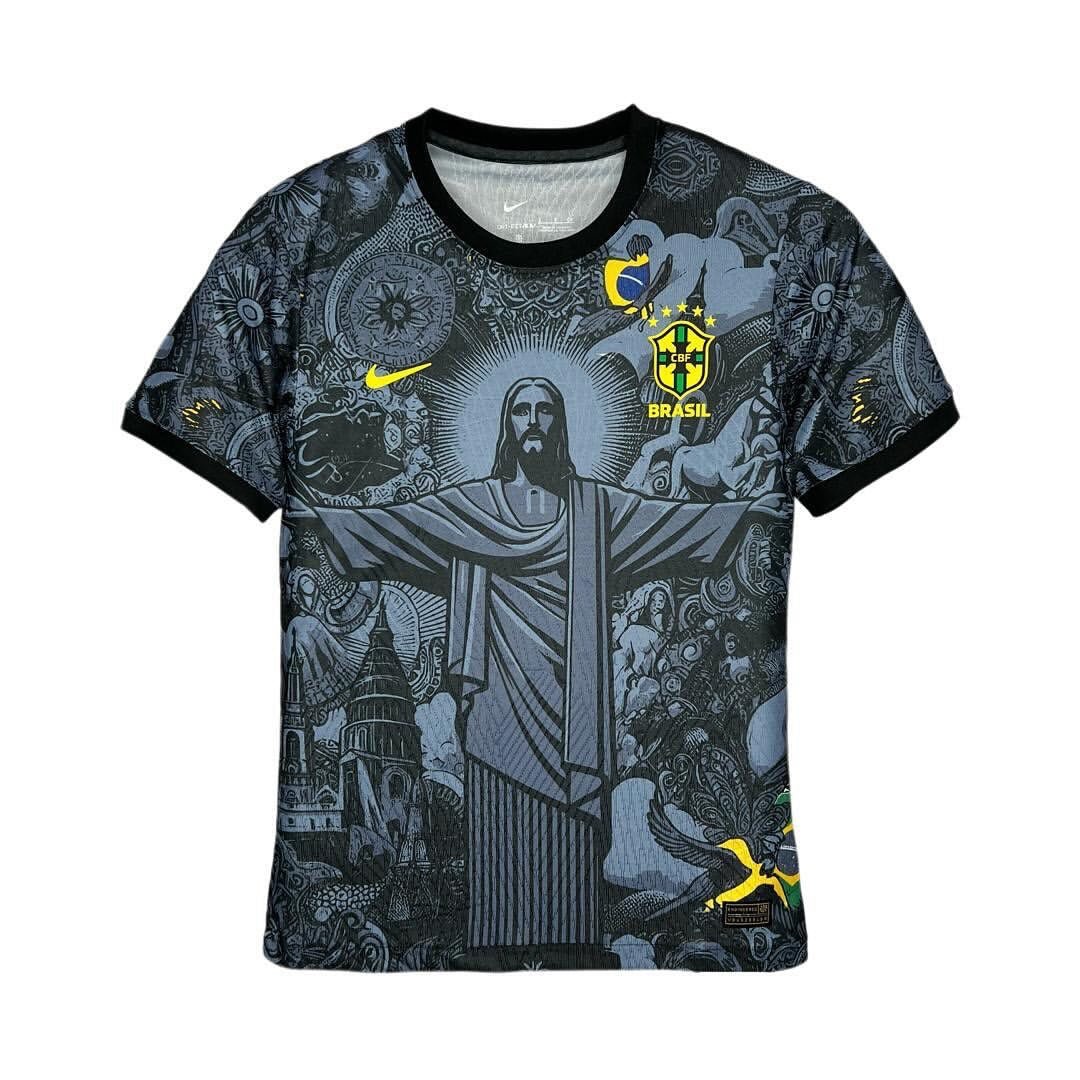 Brazil 2024/25 Black 'Christ the Redeemer' Special Edition Shirt with black base, Christ the Redeemer graphic, and yellow-green accents, featuring Brazil's national crest.